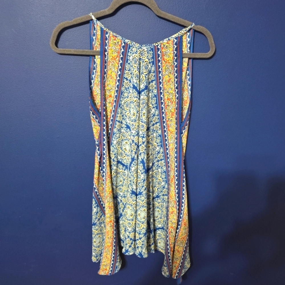 Max Studio Blue Geometric Handkerchief Sleeveless Blouse Sz XS